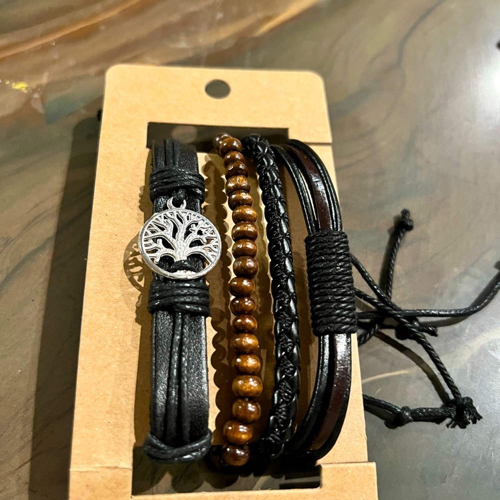4 leather and wood bead bracelets